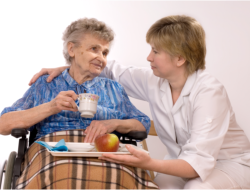 a nurse preparing a meal for an old woman